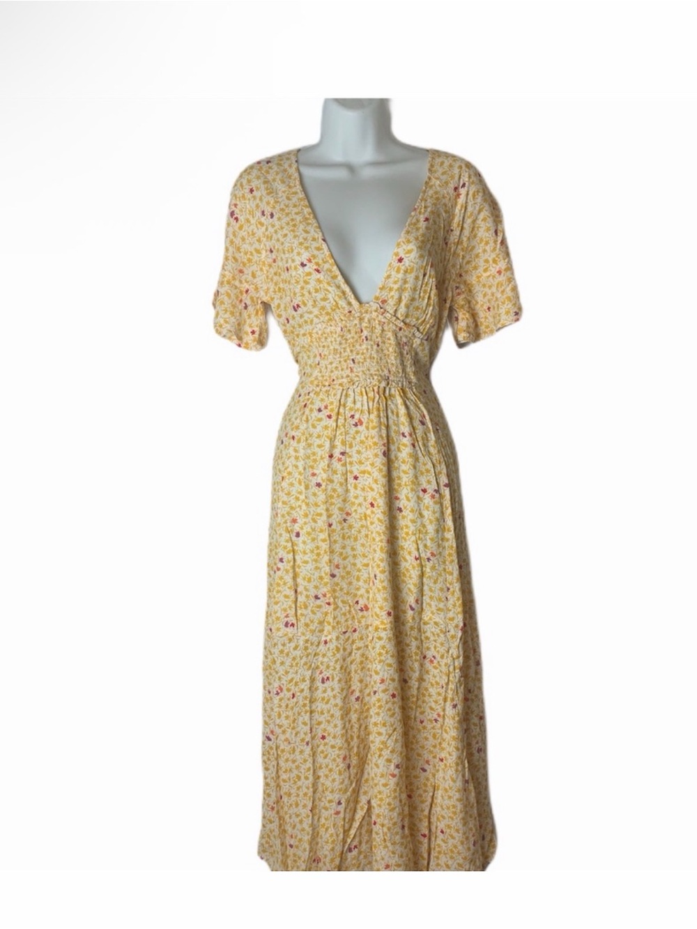 Free People Dress Womens Small In Full Bloom Yellow Floral Smocked Maxi Boho